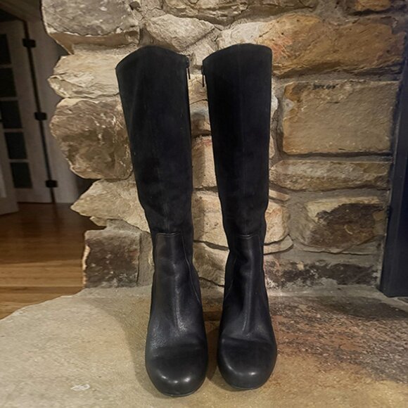 CLARKS Black Leather & Suede Indigo Loyal Pearl Knee High Boots 7M - Picture 1 of 8